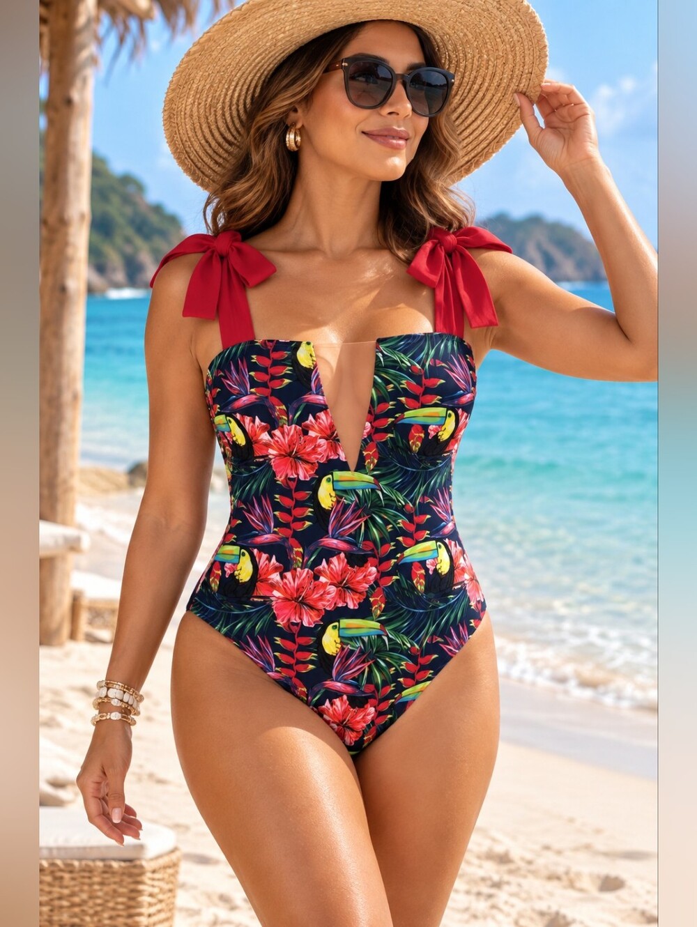 Floral Print Bow Swimwear Hollow Out Bath…